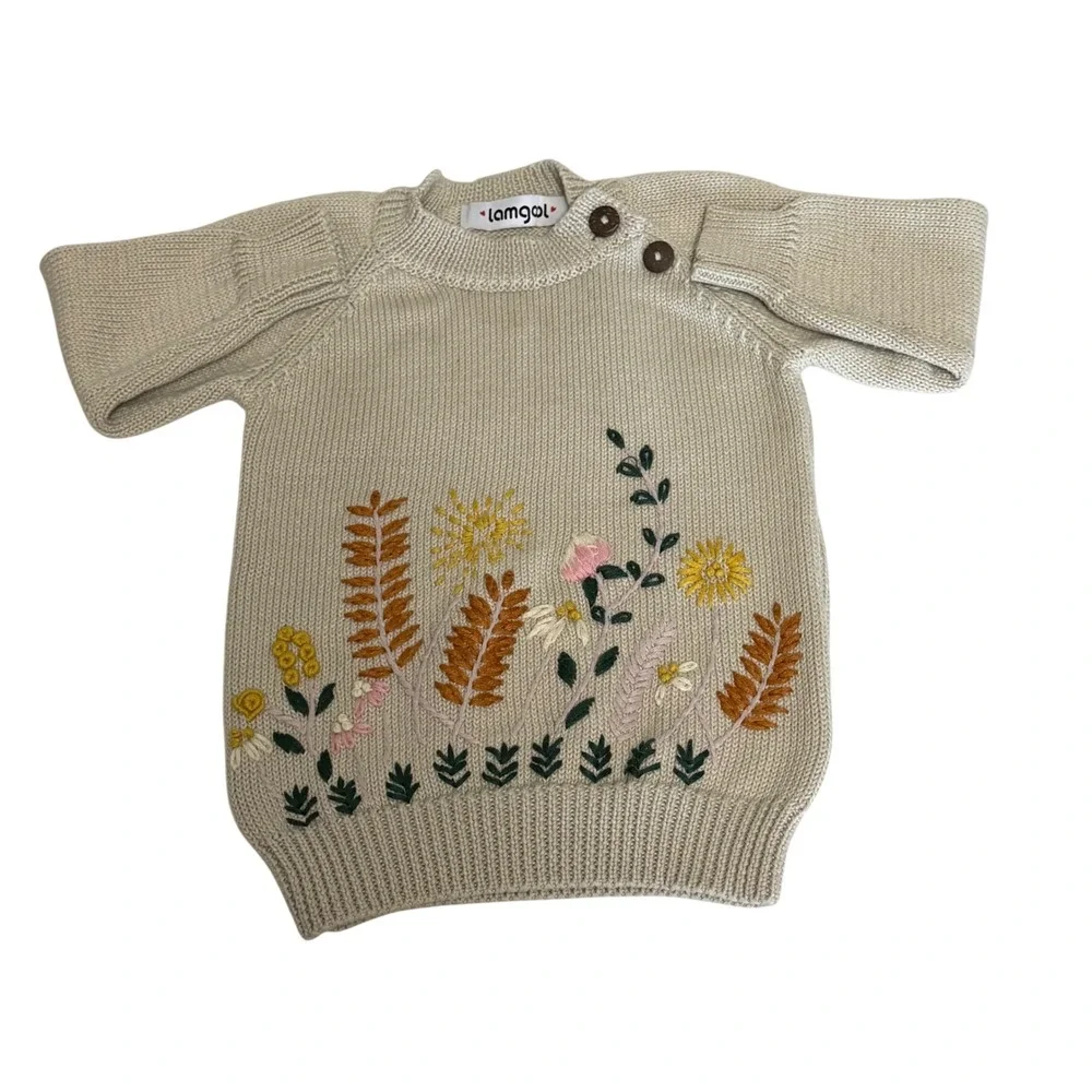 Lamgool Kids Beige Knit Floral‎ Embroidered Sweater Shoulder Buttons Long Sleeve